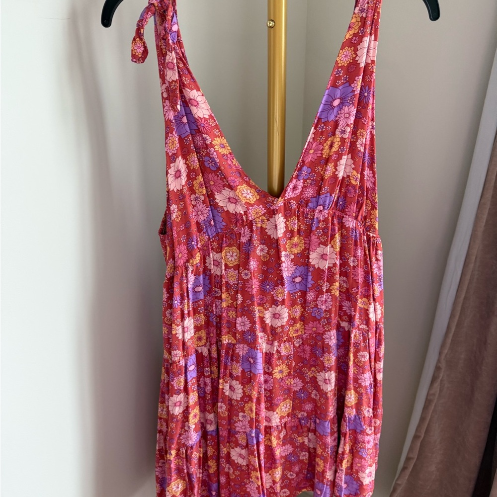 Floral V-Neck Mini Dress - Red and Purple
